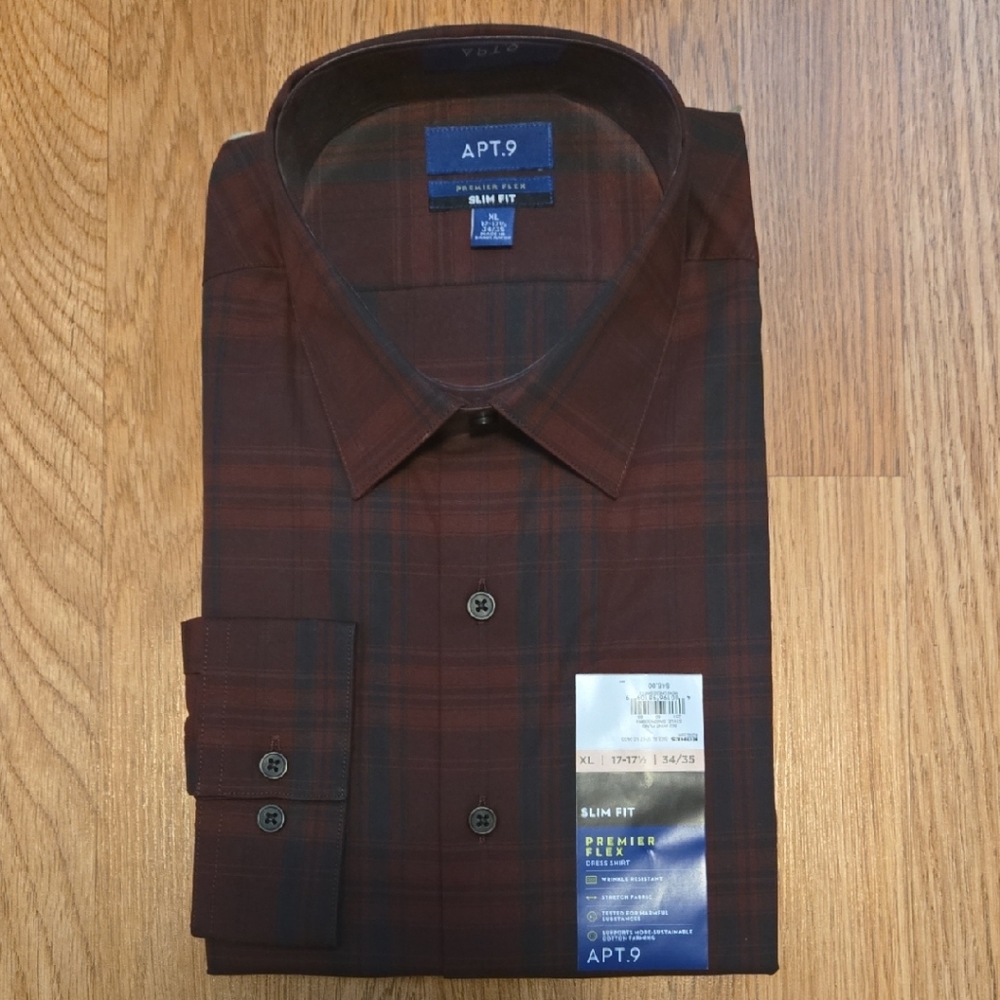 Apt. 9 Men's Slim Fit XL 17-17.5 34/35 NWT Premier Flex Red Plaid Dress Shirt